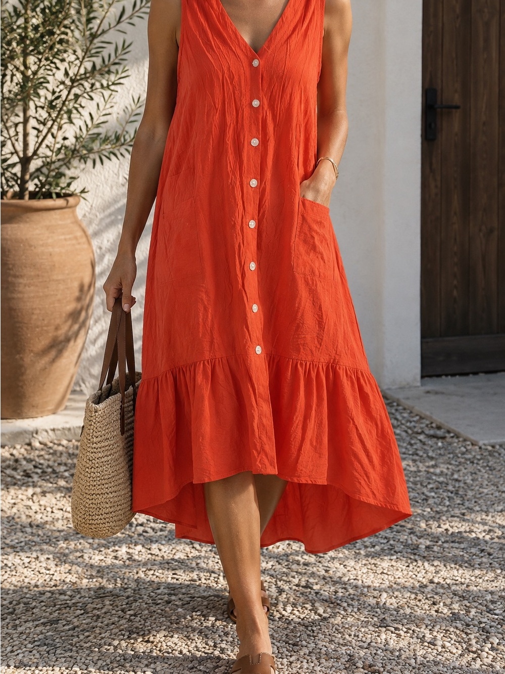 Sleeveless Button-Front Orange Midi Dress